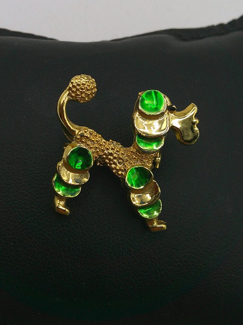 Vintage 1970s Signed Gerry Weber Gold Tone and Green Enamel Poodle Brooch/Pin
